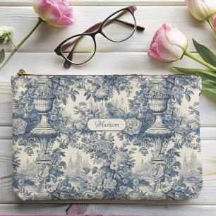 Vintage floral chic Blue toile de jouy monogram Accessory Pouch