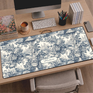 Vintage floral chic Blue toile de jouy monogram Desk Mat