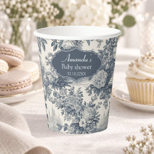 Vintage floral chic Blue toile de jouy monogram Paper Cups