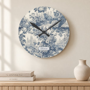 Vintage floral chic Blue toile de jouy monogram Round Clock