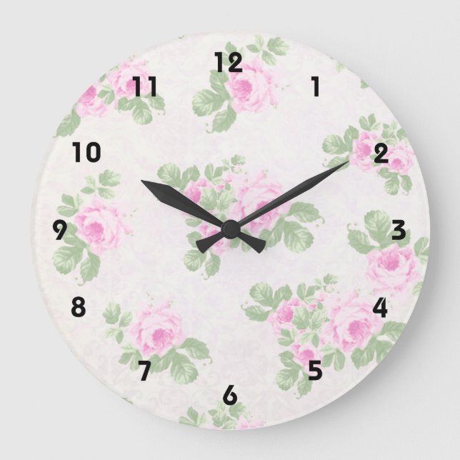 Vintage floral chic pink roses large clock (Front)