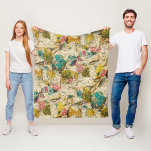 Vintage Floral Collage with Aged Paper Texture Fleece Blanket