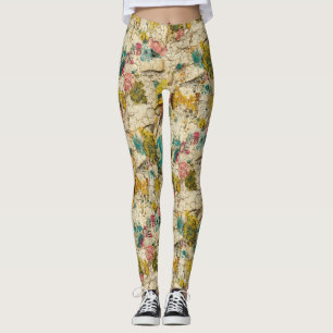 Vintage Floral Collage with Aged Paper Texture Leggings