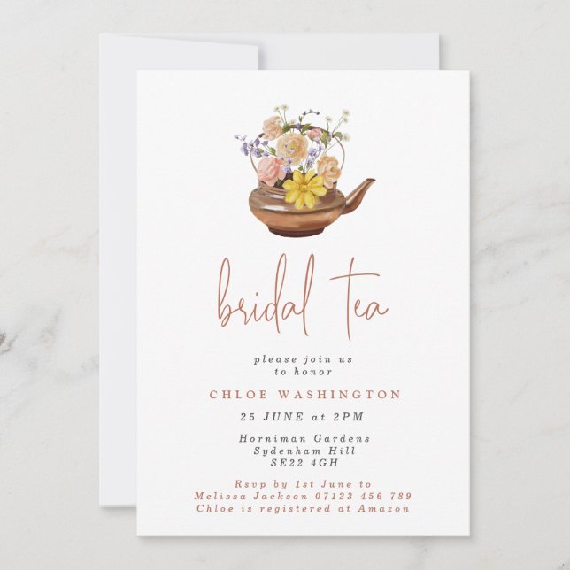 Vintage Floral Copper Teapot Bridal Shower Invitation (Front)
