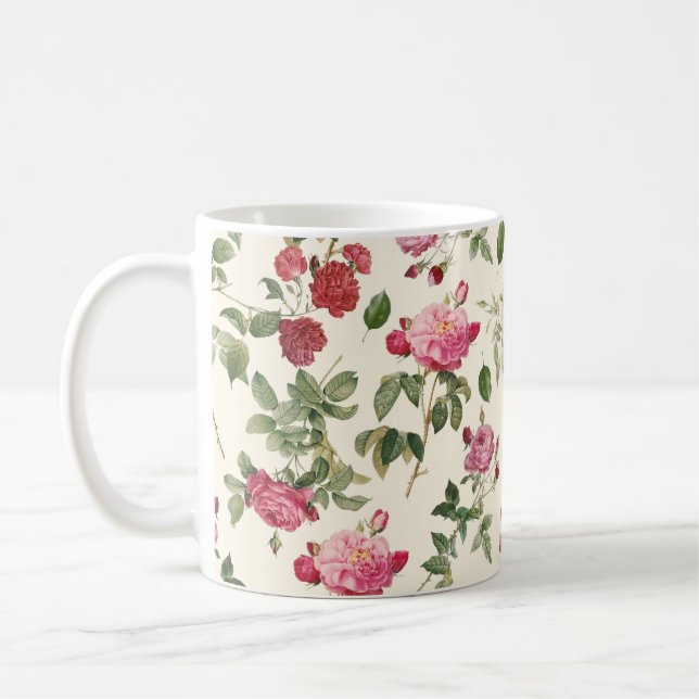 Vintage Floral Cream Pink Rose Coffee Mug (Left)