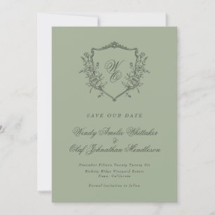 Vintage Floral Crest Sage Olive Monogram Photo Save The Date