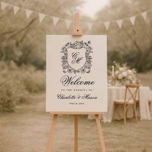 Vintage Floral Crest Wedding Monogram Welcome Poster