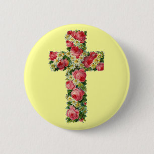 Vintage Floral Cross 6 Cm Round Badge