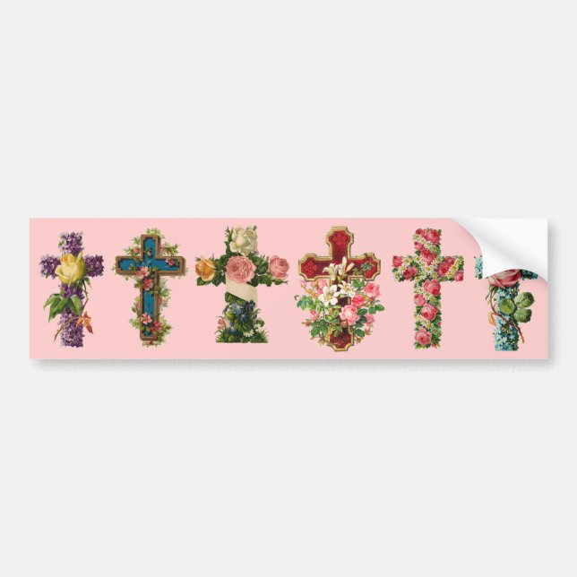 Vintage Floral Cross Bumper Sticker (Front)