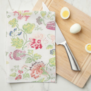 Vintage Floral Cross Stitch Style Flower Kitchen Tea Towel