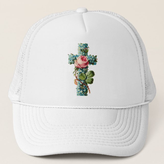 Vintage Floral Cross Trucker Hat (Front)