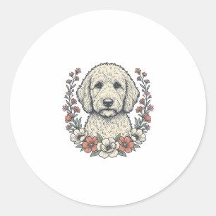 Vintage Floral Curly Dog Portrait T-Shirt Design_1 Classic Round Sticker