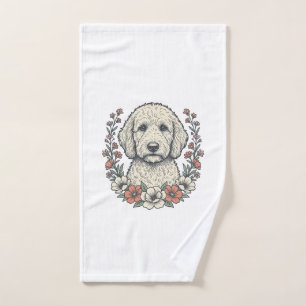 Vintage Floral Curly Dog Portrait T-Shirt Design_1 Hand Towel