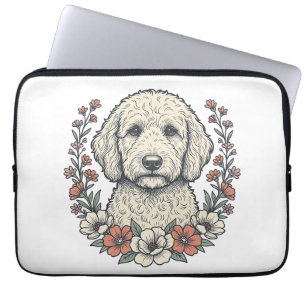 Vintage Floral Curly Dog Portrait T-Shirt Design_1 Laptop Sleeve