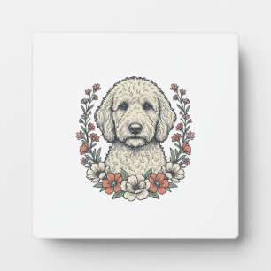 Vintage Floral Curly Dog Portrait T-Shirt Design_1 Plaque