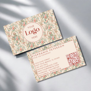Vintage Floral Custom Company Logo QR Code Business Card