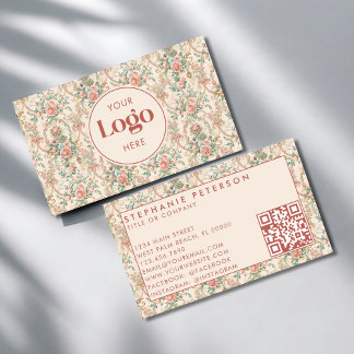 Vintage Floral Custom Company Logo QR Code Business Card