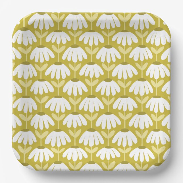Vintage Floral Daisies Pattern Olive/Mustard Green Paper Plate (Front)