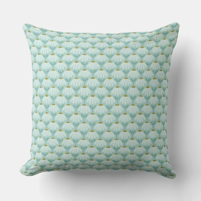 Vintage Floral Daisies Pattern Teal Blue & Olive Cushion (Front)
