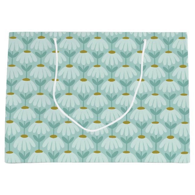 Vintage Floral Daisies Pattern Teal Blue & Olive Large Gift Bag (Front)