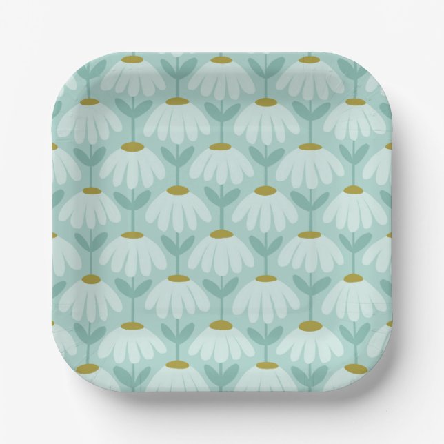 Vintage Floral Daisies Pattern Teal Blue & Olive Paper Plate (Front)