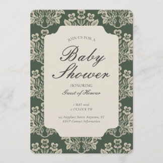 Vintage Floral Damask Baby Shower Green Beige Invitation