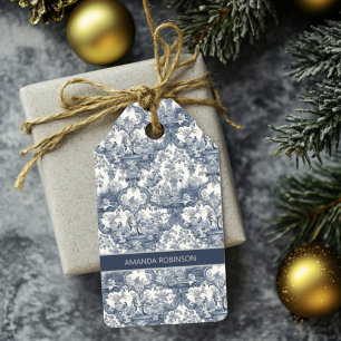 Vintage floral damask Blue toile de jouy monogram Gift Tags