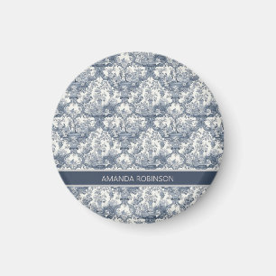 Vintage floral damask Blue toile de jouy monogram Magnet