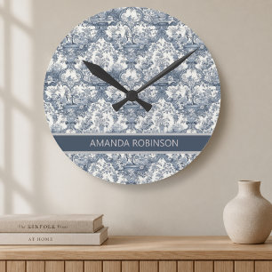 Vintage floral damask Blue toile de jouy monogram Round Clock