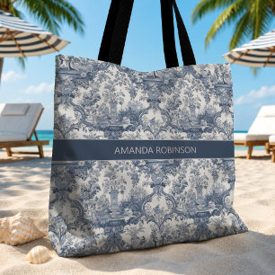 Vintage floral damask Blue toile de jouy monogram Tote Bag