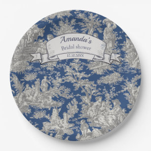 Vintage floral dark blue toile de jouy shower  paper plate
