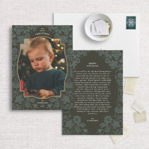 Vintage Floral Dark Green Christmas Photo Card