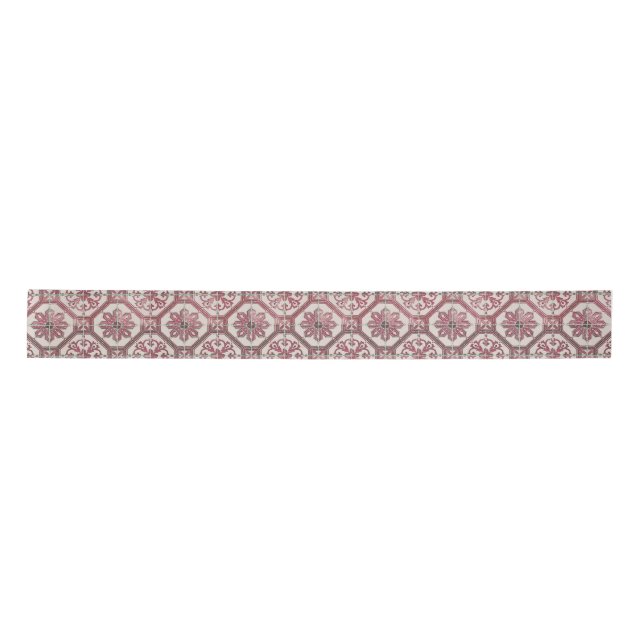 Vintage Floral Delft Pink Tile Satin Ribbon (Front)
