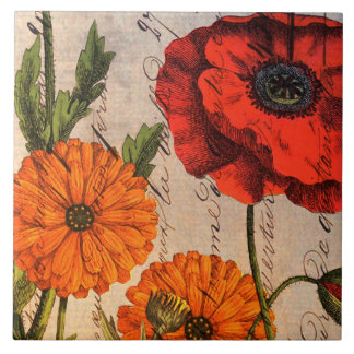 Vintage Floral Design with Red Poppy Tile