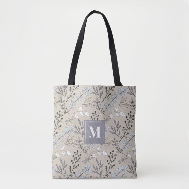Vintage Floral DragonFly Pattern Monogram Tote Bag (Front)