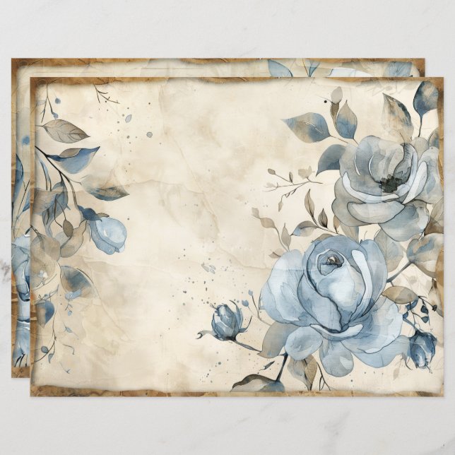 Vintage Floral Dusty Blue Roses Scrapbook Paper (Front/Back)