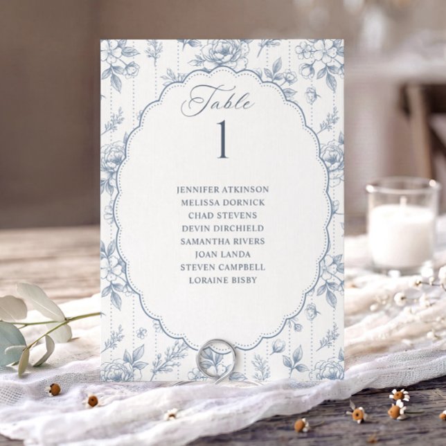 Vintage Floral Dusty Blue Wedding Seating Chart (Dusty blue French floral wedding seating chart card with oval scalloped frame.)