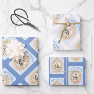 Vintage Floral Easter Bunny Blue Gingham Check Wrapping Paper Sheet