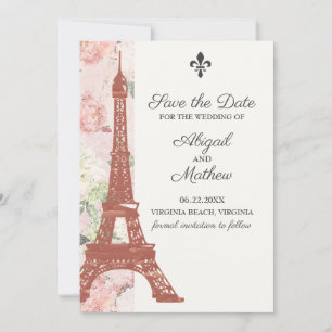 Vintage Floral Eiffel Tower Paris Pink Wedding Save The Date