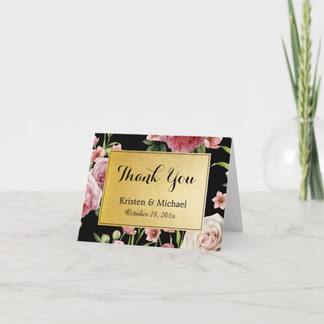 Vintage Floral Elegant Black Gold Thank You (Front)