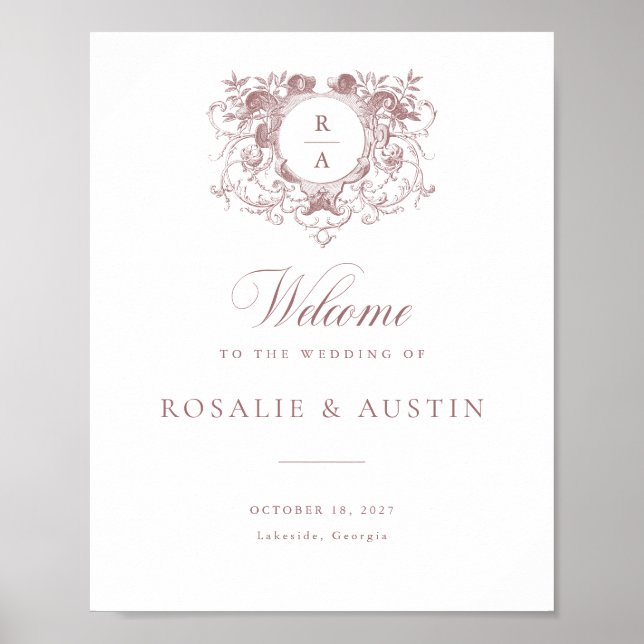 Vintage Floral Elegant Crest Wedding Welcome Sign (Front)