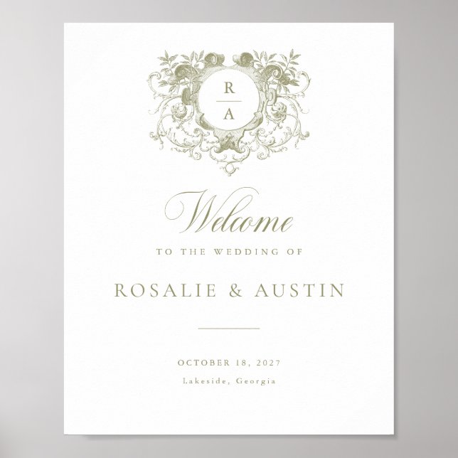 Vintage Floral Elegant Crest Wedding Welcome Sign (Front)