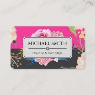 Vintage Floral Elegant Modern Hot Pink Jet Business Card