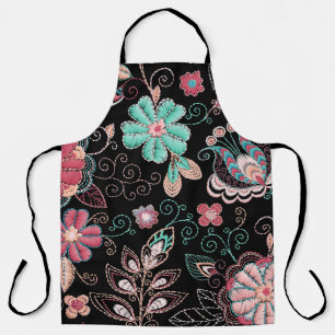 Vintage Floral Embroidery Dark Pattern Apron
