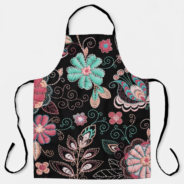 Vintage Floral Embroidery Dark Pattern Apron (Front)