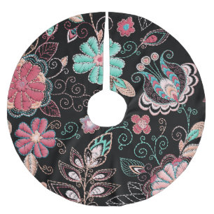 Vintage Floral Embroidery Dark Pattern Brushed Polyester Tree Skirt