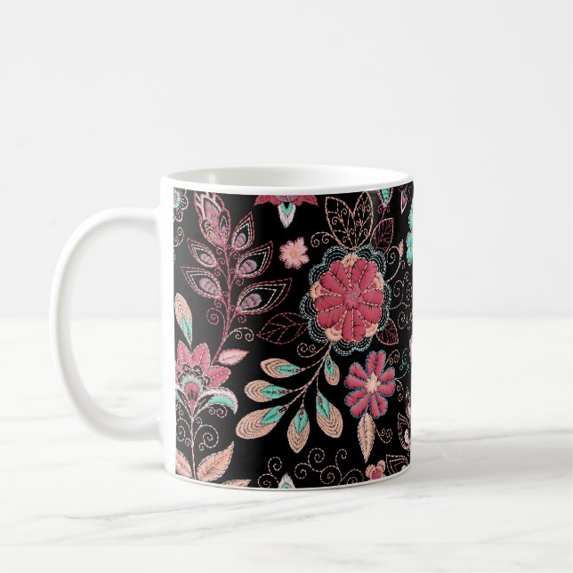 Vintage Floral Embroidery Dark Pattern Coffee Mug (Left)