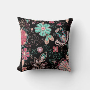 Vintage Floral Embroidery Dark Pattern Cushion