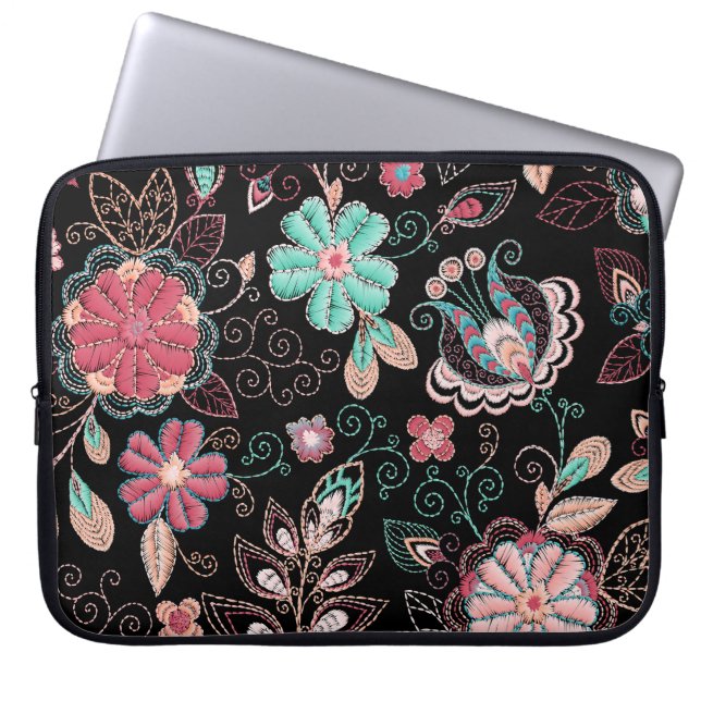 Vintage Floral Embroidery Dark Pattern Laptop Sleeve (Front)