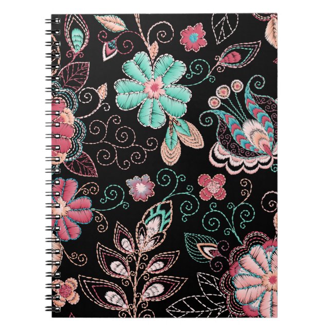 Vintage Floral Embroidery Dark Pattern Notebook (Front)
